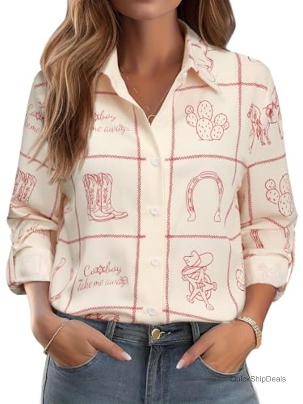 Western Cowgirl Rodeo Print Button Down Shirt Top